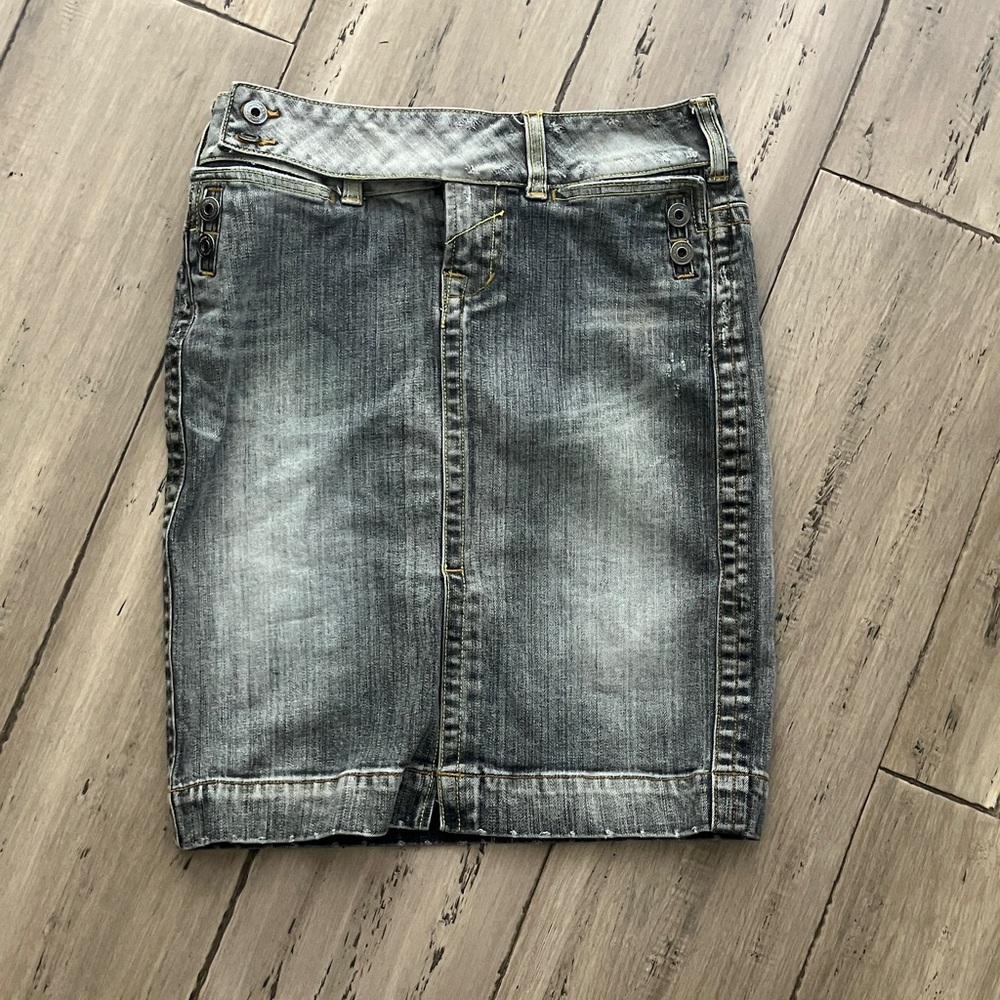 London Jeans Original Gorgeous Gray Denim Tab Knee Length Waist Pencil Skirt 2